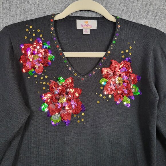 QUACKER FACTORY Black Sequin Christmas Poinsettia Holiday Novelty Sweater XS - Picture 3 of 12